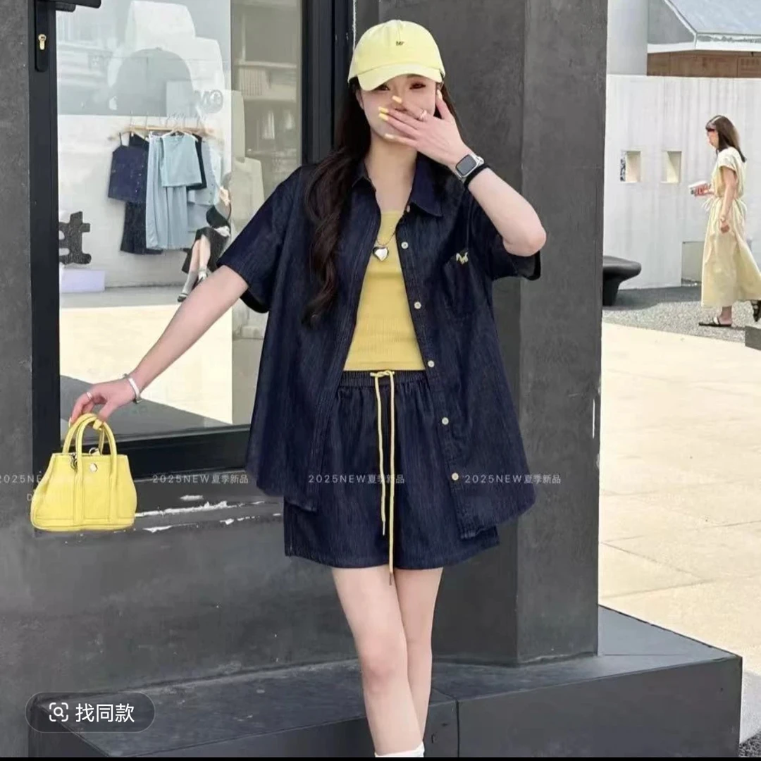 牛仔套装女2025夏季新款衬衫吊带阔腿裤短裤三件套