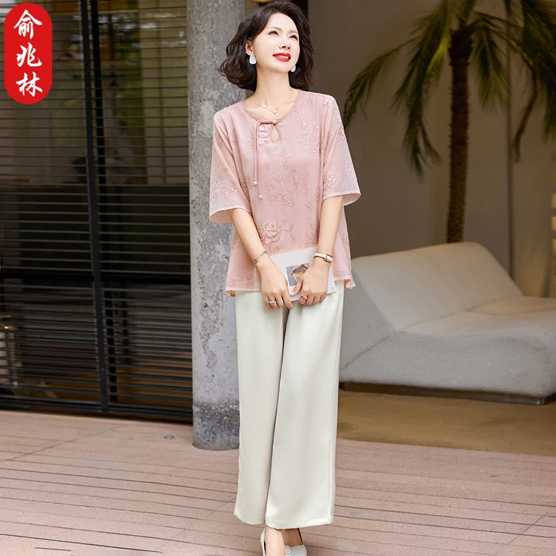 俞兆林新中式妈妈夏装套装气质雪纺小衫中老年夏季气质短袖上衣女
