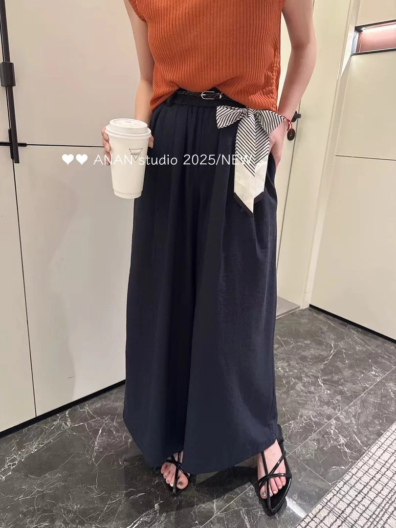 林玲～夏季显瘦宽松阔腿裤棉麻丝巾松紧腰九分裤