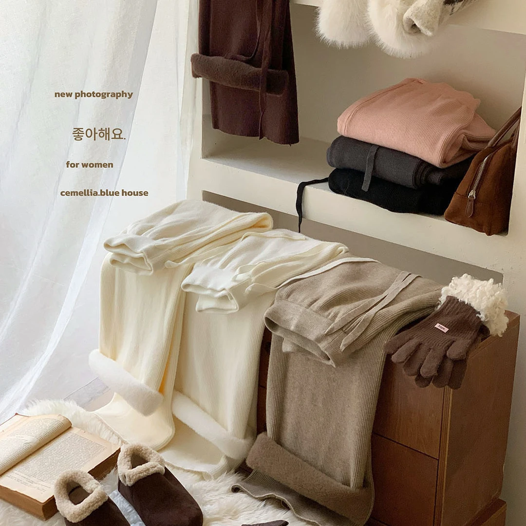 保暖加倍内里一体绒针织毛线阔腿裤女冬复垂感拖地休闲裤