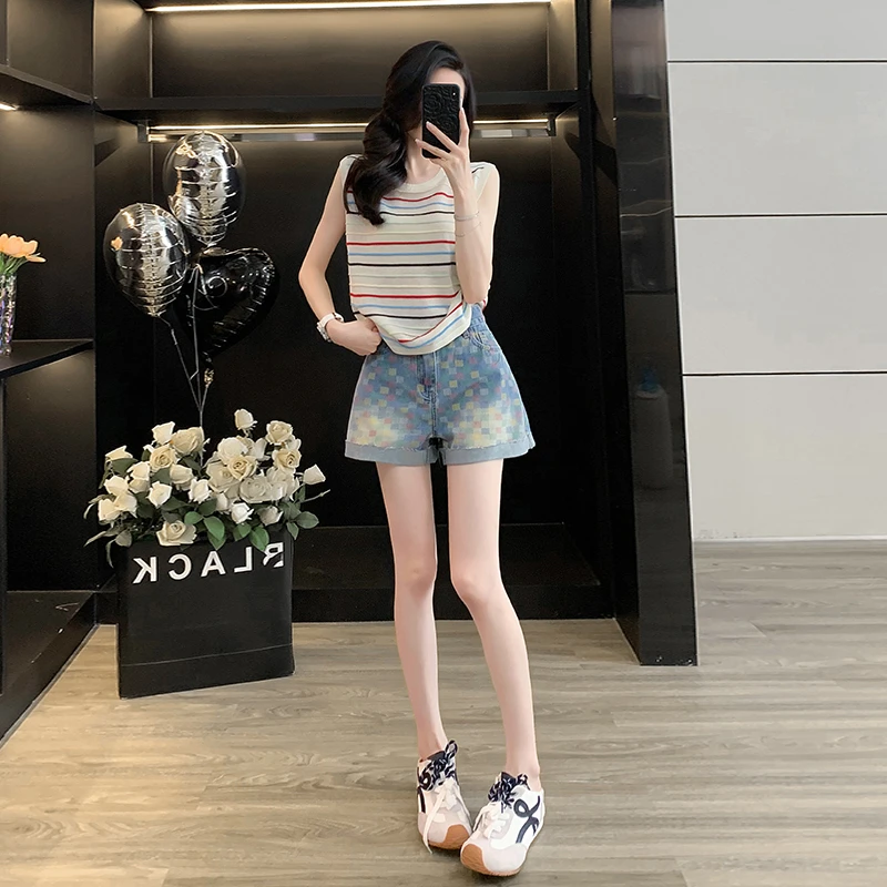 美式休闲彩色条纹背心高腰显瘦a字阔腿热裤设计感棋盘格牛仔短裤