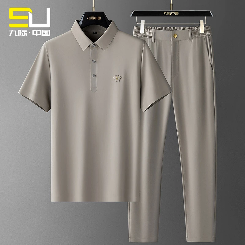 商务休闲男士运动套装2025新款夏季高级感中老年爸爸免烫冰丝套装