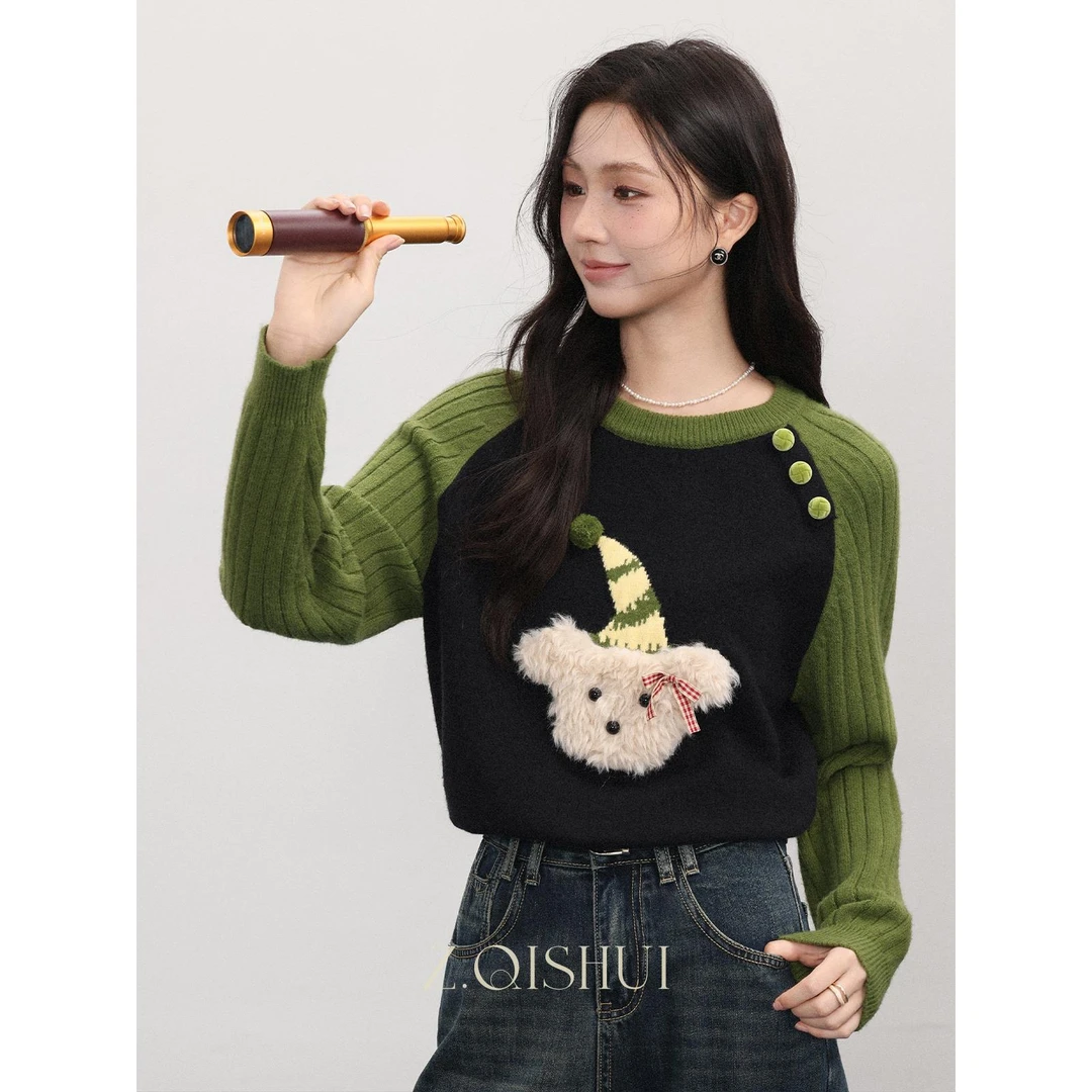 张汽水秋冬季新款绿色慵懒套头宽松毛衣女小个子外穿好看针织上衣