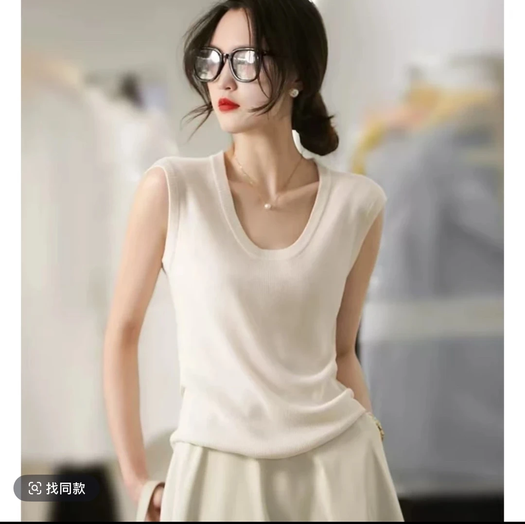 百搭复古包肩袖120s16针大U领B囤针织背心