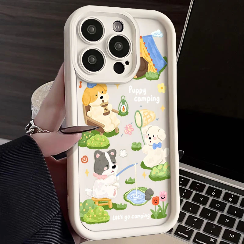 露营小狗适用iphone16苹果手机壳15promax金刚砂14软13全包1211