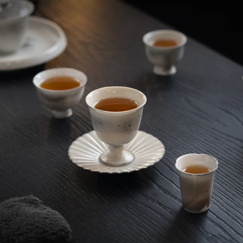 白志野主人杯茶杯长石釉水墨柴烧高温日式手工高脚杯落灰白泥单杯