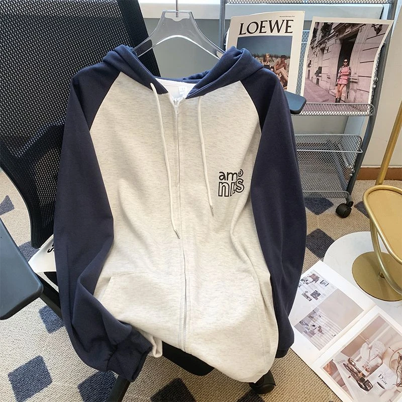 美式复古撞色卫衣男女秋冬季宽松潮牌慵懒风oversize开衫拉链外套