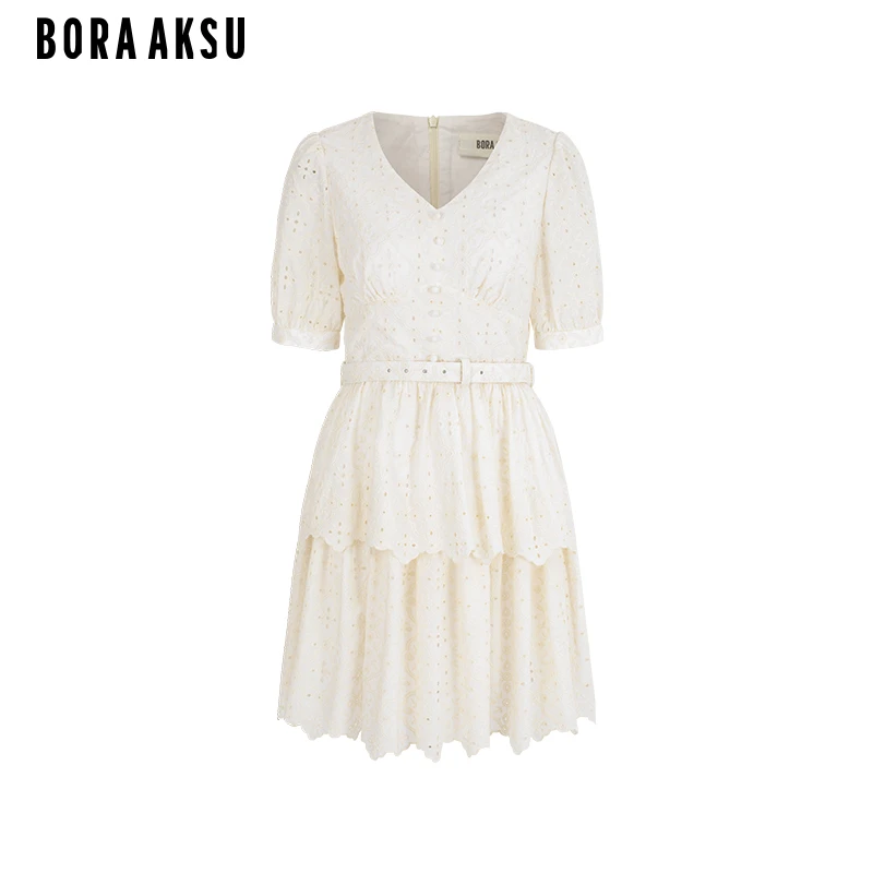 BORAAKSU2025初夏新品米色镂空花朵刺绣V领系带连衣裙B1FCW64690
