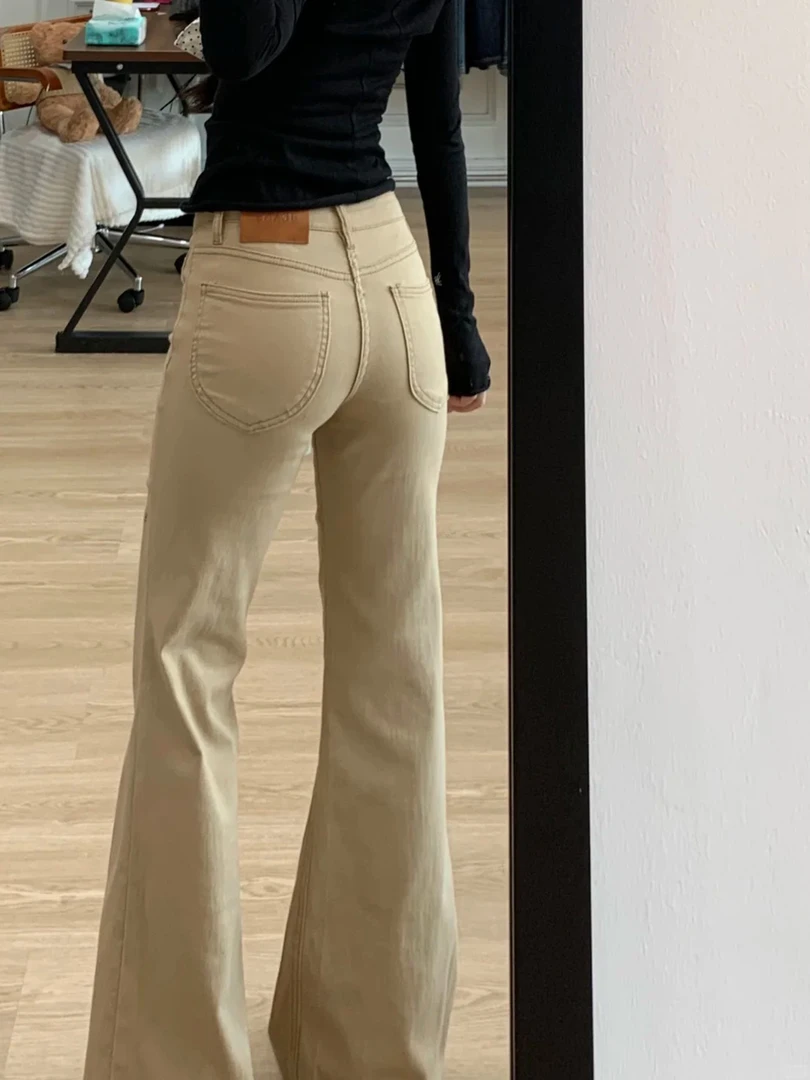 卡其色微喇牛仔裤女款大码胖mm加绒裤子梨型身材不贴腿直筒喇叭裤