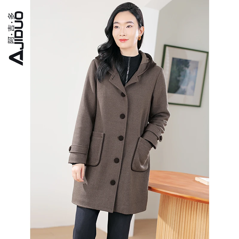 阿吉多高级中长款外套女2025新款爆款秋冬人字纹加厚保暖连帽大衣