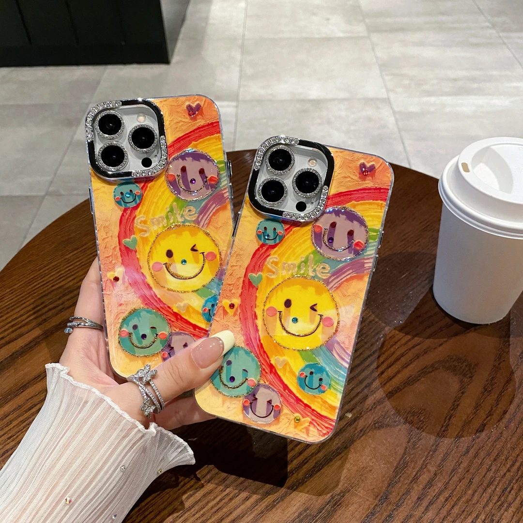 彩虹笑脸苹果系列iPhone16新款手机壳钻石镜框闪钻镜头可爱ins