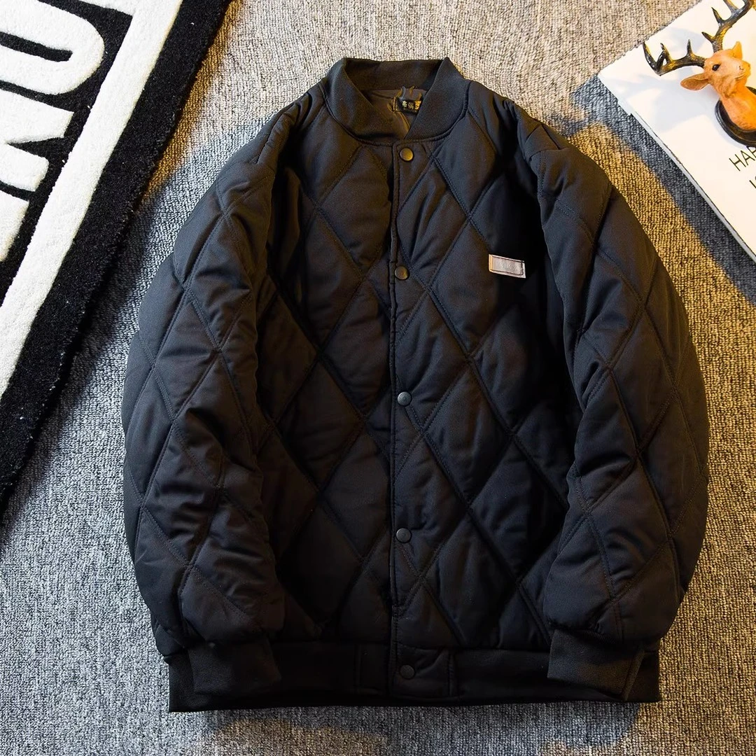 仓石一树潮牌菱形格棉服秋冬季加绒复古日系休闲棒球服保暖外套男