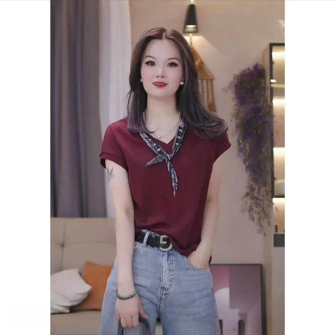 【精梳棉】洋气休闲V领法式气质短袖上衣夏季女士带丝巾上衣高级感