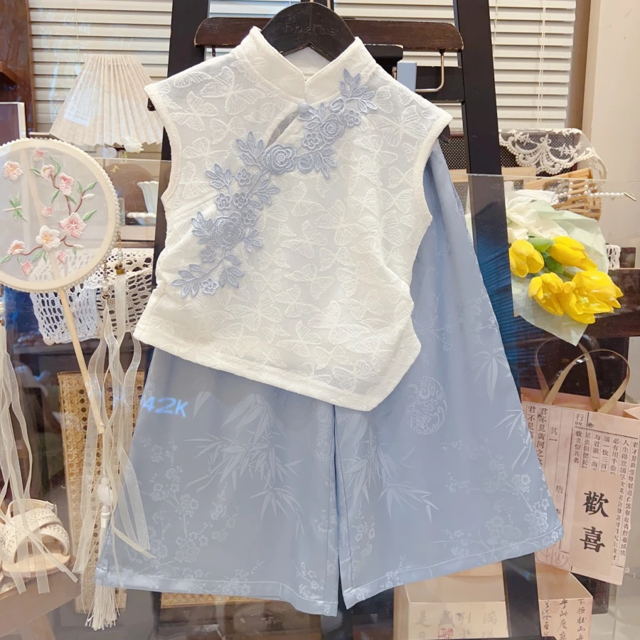 HHkids 新中式国风拼接盘扣短袖上衣2025时尚洋气百搭套装FTZ272