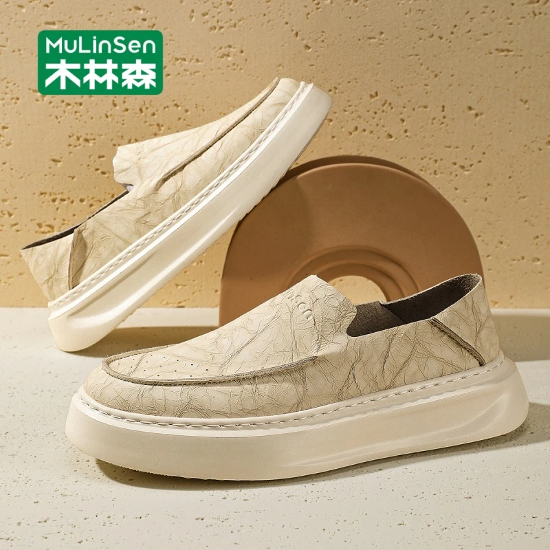 木林森男士透气豆豆皮鞋春秋休闲一脚蹬工作休闲乐福鞋舒适百搭