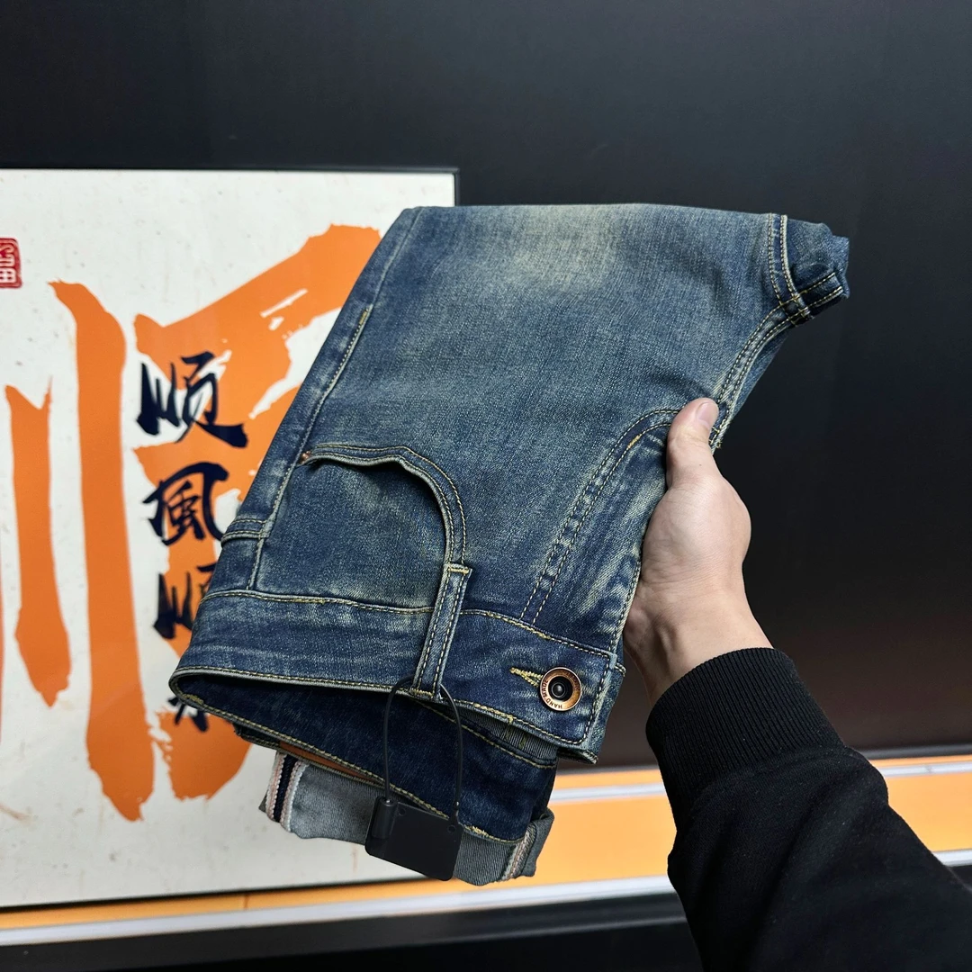 2025春季新款弹力男士牛仔裤轻奢修身小直筒怀旧复古蓝九分长裤子