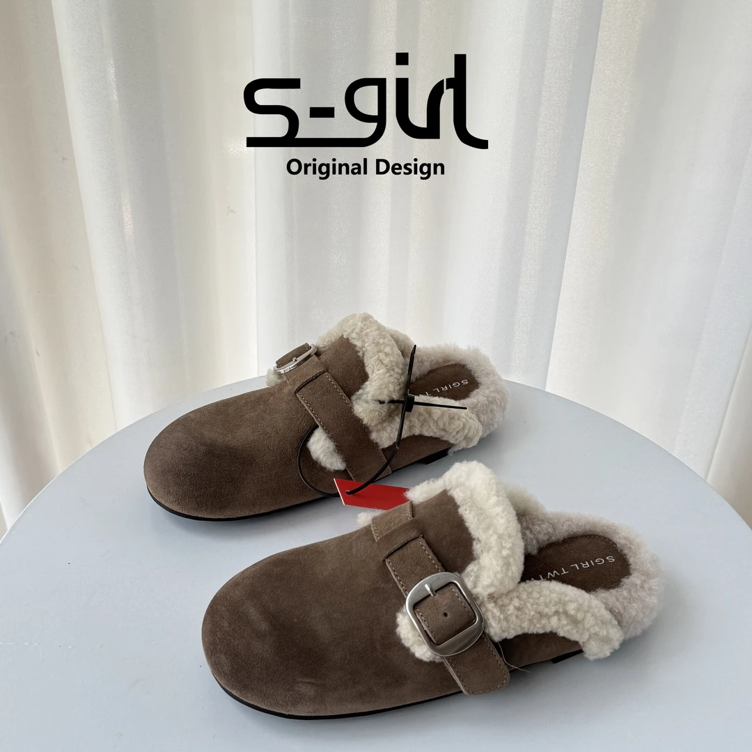 SGIRL TWTW皮带扣包头加绒半拖鞋女2025新款保暖一脚蹬勃肯毛毛鞋