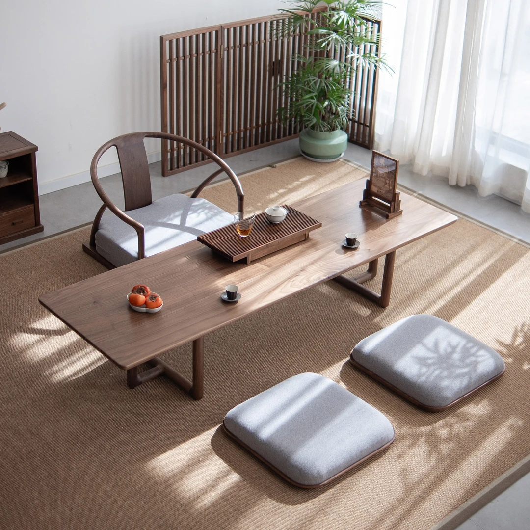 时间连续席地长桌禅意新中式日式榻榻米北美黑胡桃实木茶桌家具