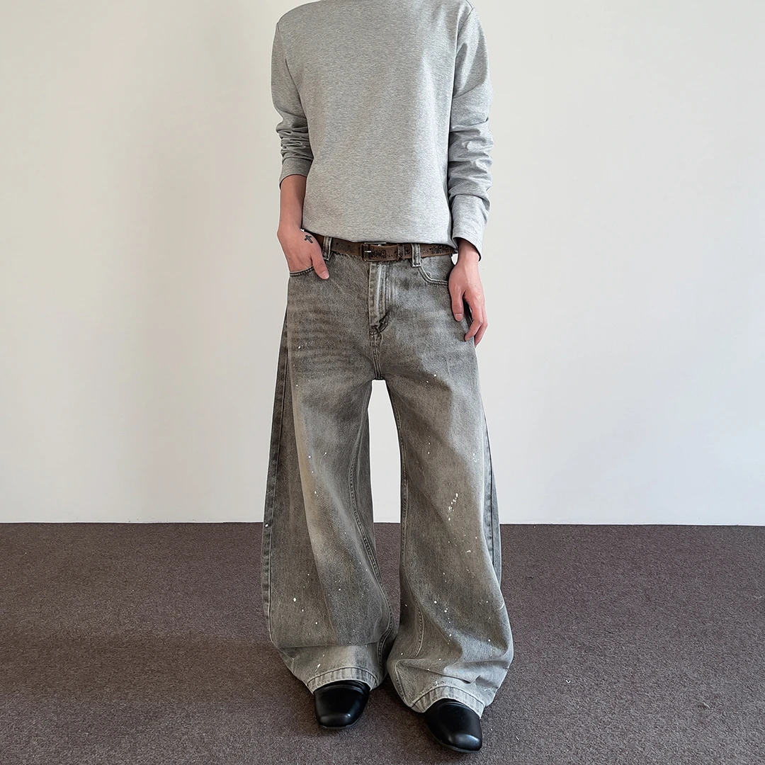 A PUEE美式复古水洗做旧泼墨弯刀牛仔裤男潮cleanfit直筒微喇裤子