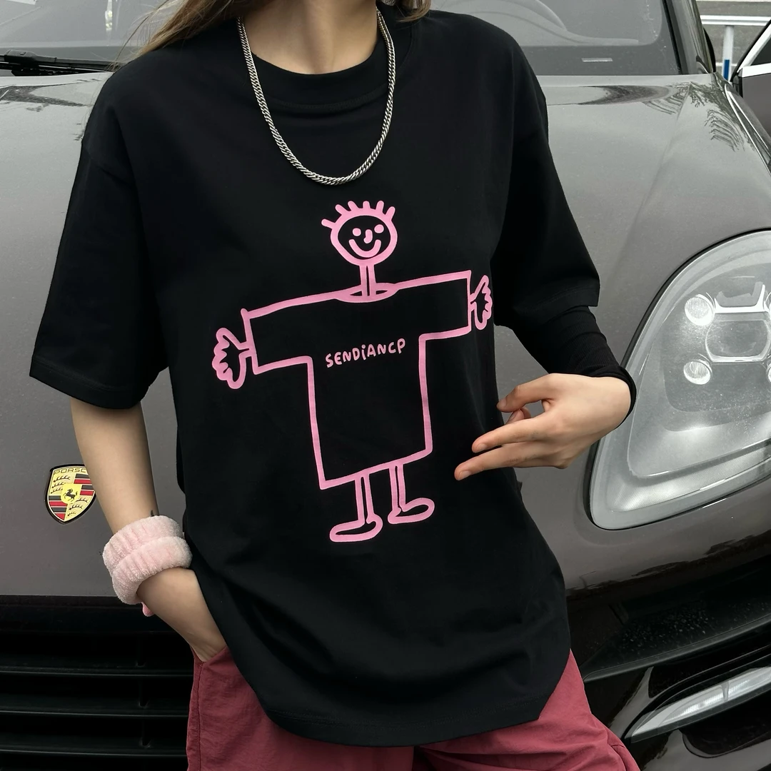 拥抱笑脸印花T恤短袖男女同款夏季情侣潮牌圆领宽松纯棉时尚休闲