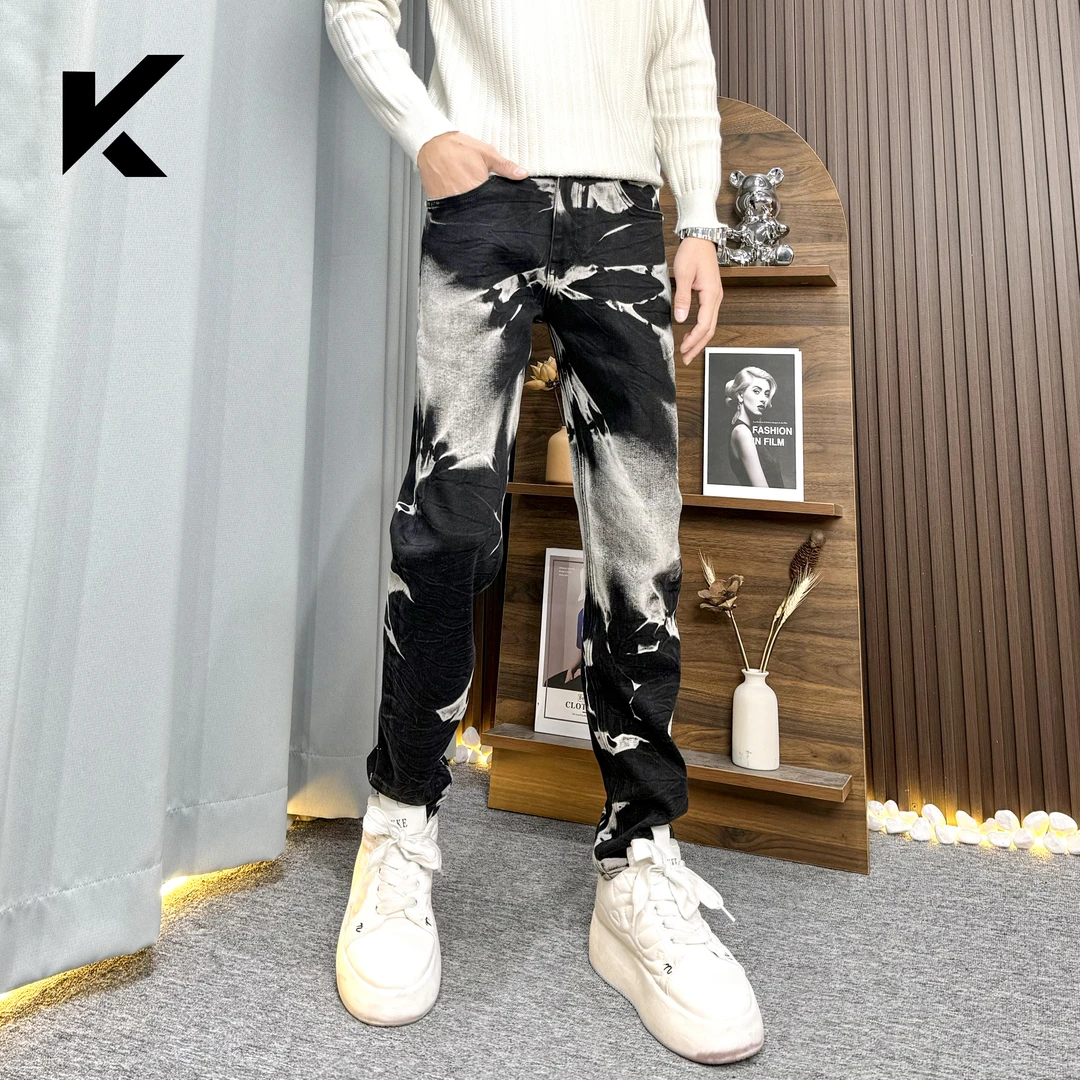 秋冬爆款高端黑色水墨染牛仔裤弹力水洗时尚百搭潮流设计长裤子男