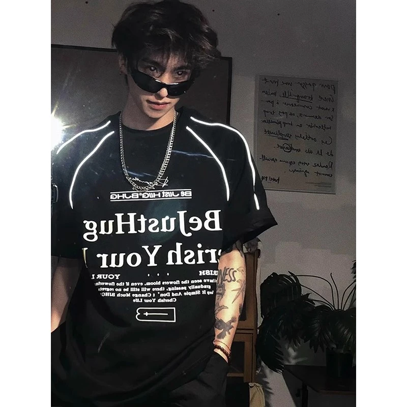 反光条字母印花美式短袖男款夏季潮牌痞帅炸街t恤运动插肩袖上衣