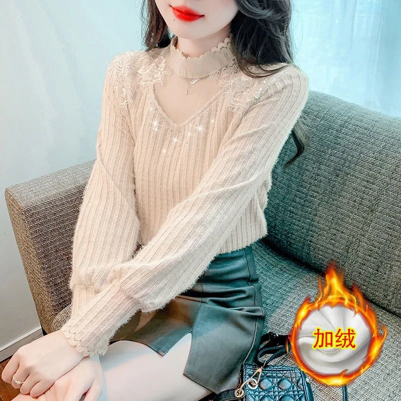 加绒加厚秋冬新款蕾丝衬衫女法式名媛洋气半高领显瘦气质百搭上衣