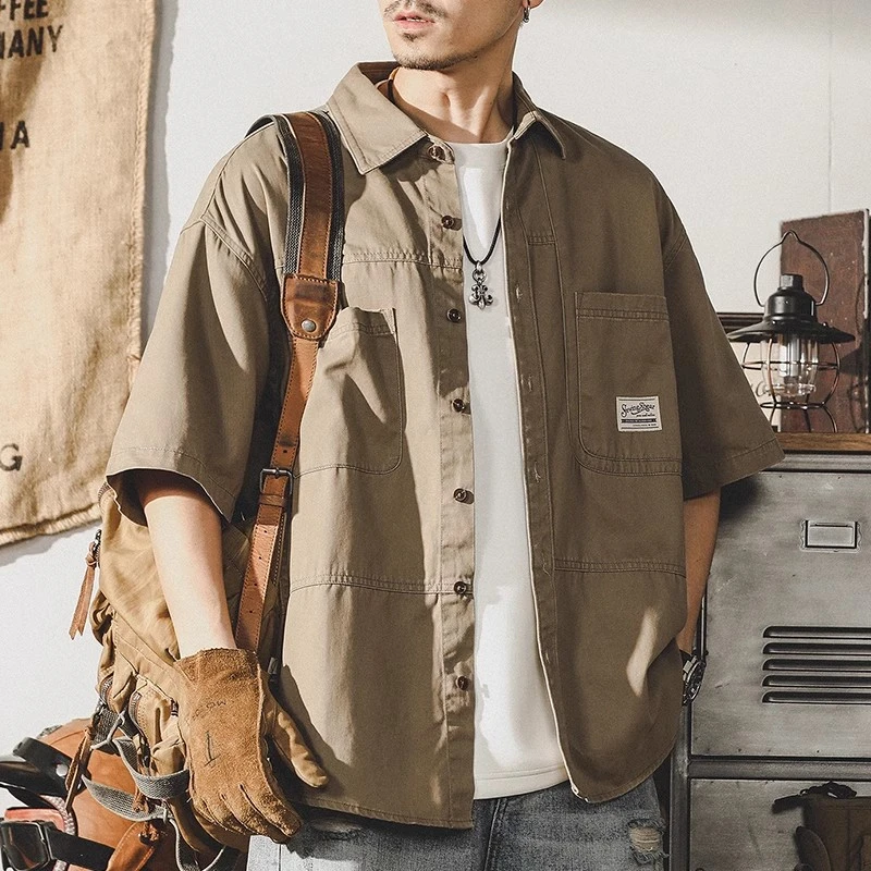 美式工装衬衫男短袖2025新款夏季宽松上衣大码休闲百搭衬衣外套