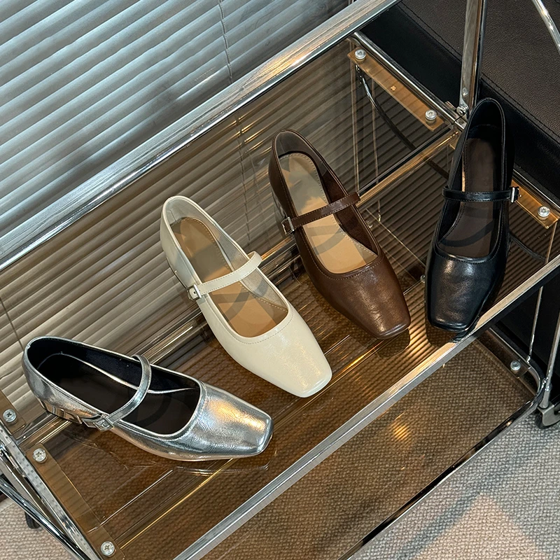 非履不可法式复古方头鞋女新款一字带浅口粗跟中跟单鞋