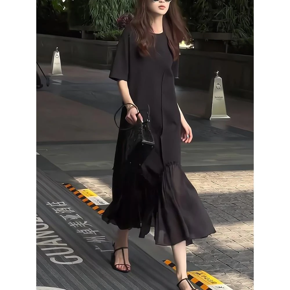 梨型身材气质连衣裙女夏季宽松显瘦时尚拼接网纱下摆黑色直筒长裙