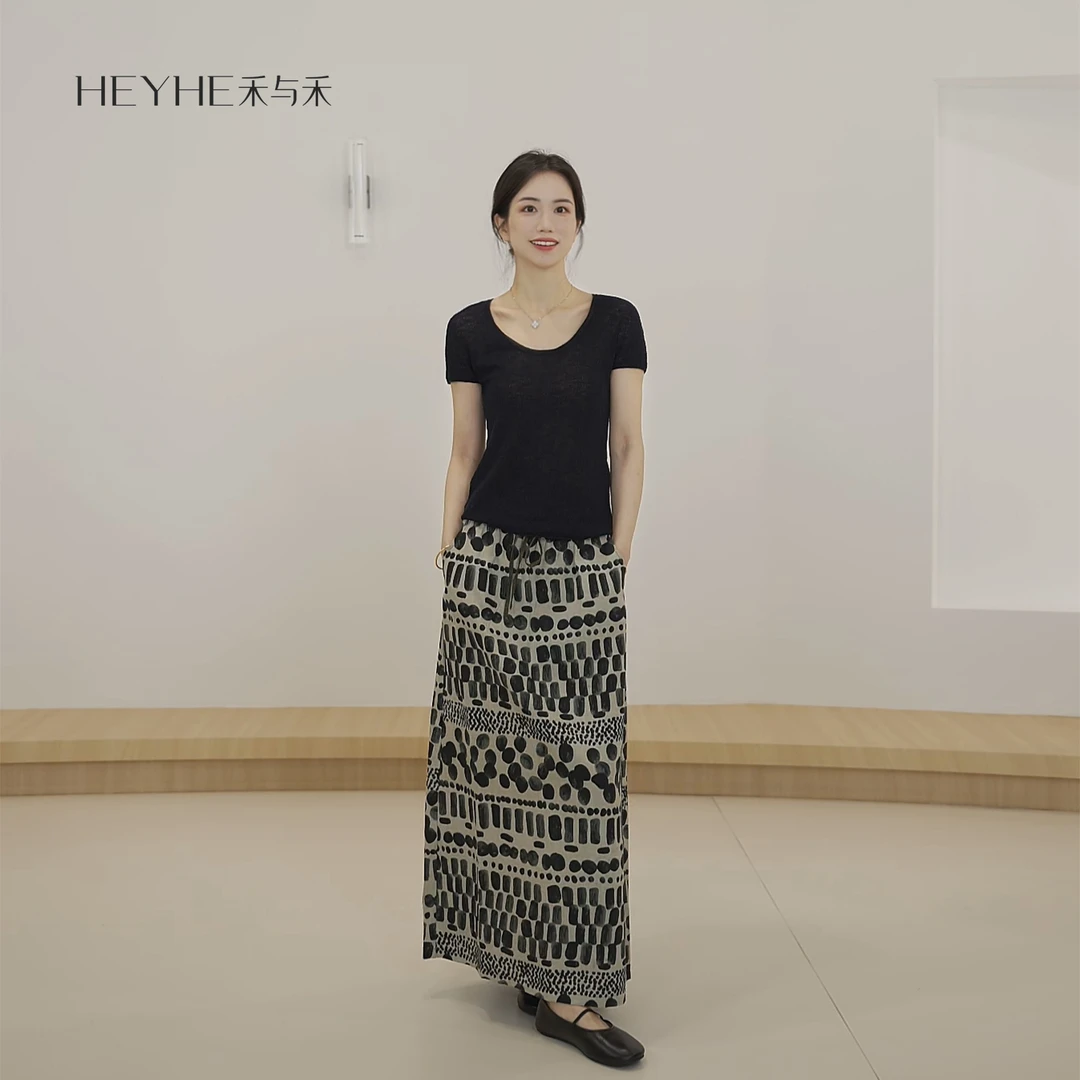 【小禾】“溪边”莱赛尔亚麻日系后开叉抽绳松紧腰A字半25KW323