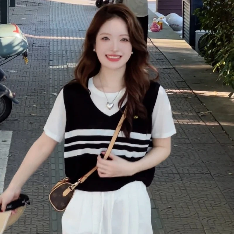 韩系休闲假两件冰丝针织衫女2025年夏季新款薄款宽松百搭短袖上衣