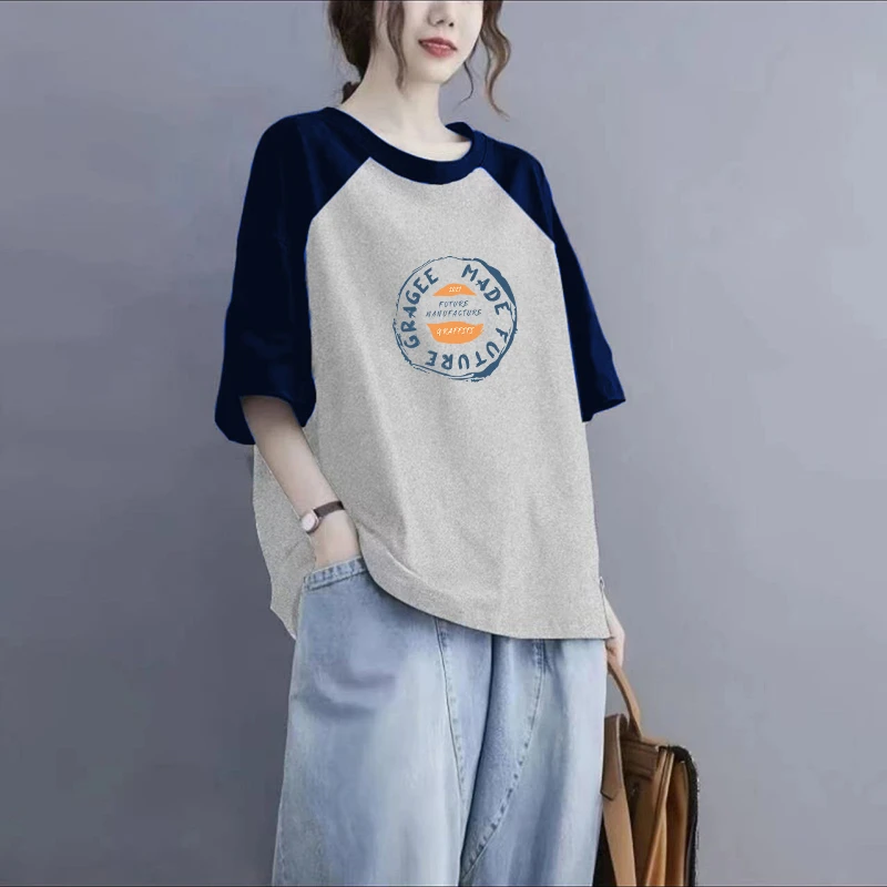 大码女装夏季新款100%纯棉短袖撞色插肩T恤宽松显瘦韩版休闲上衣