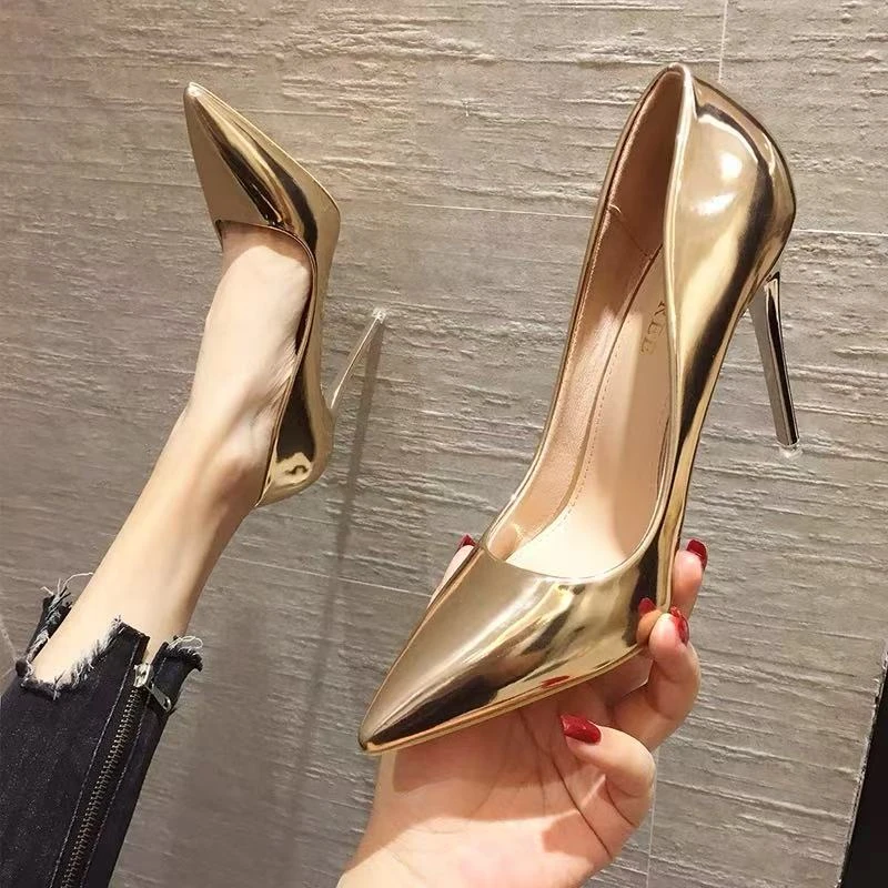 2025年新款10厘米网红尖头细跟高跟鞋性感夜店显瘦金色银色单鞋