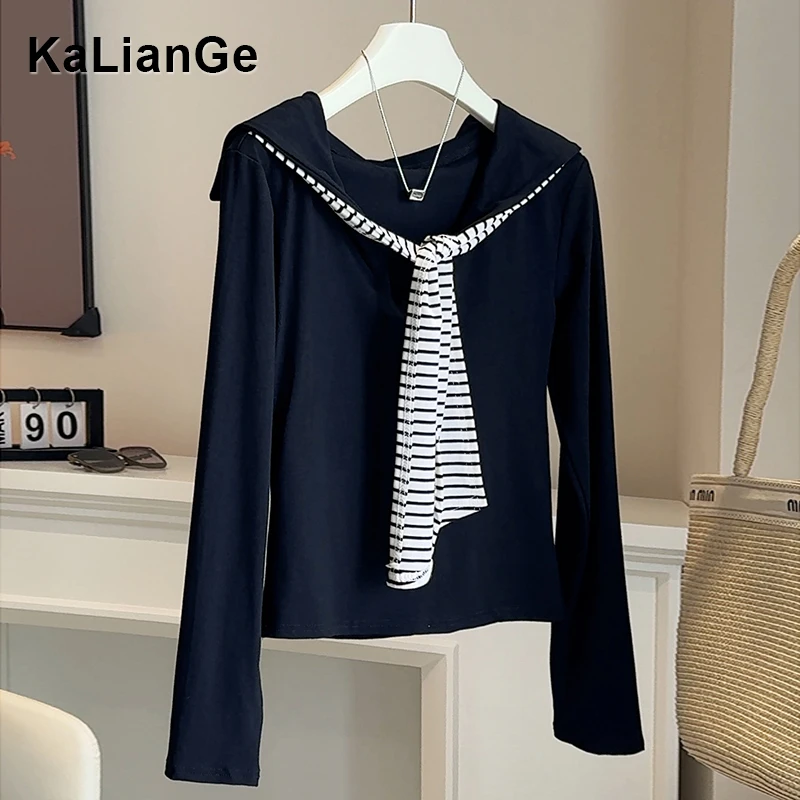 卡莲格/海军领条纹拼接绑带T恤女装秋季显瘦假两件长袖打底衫上衣