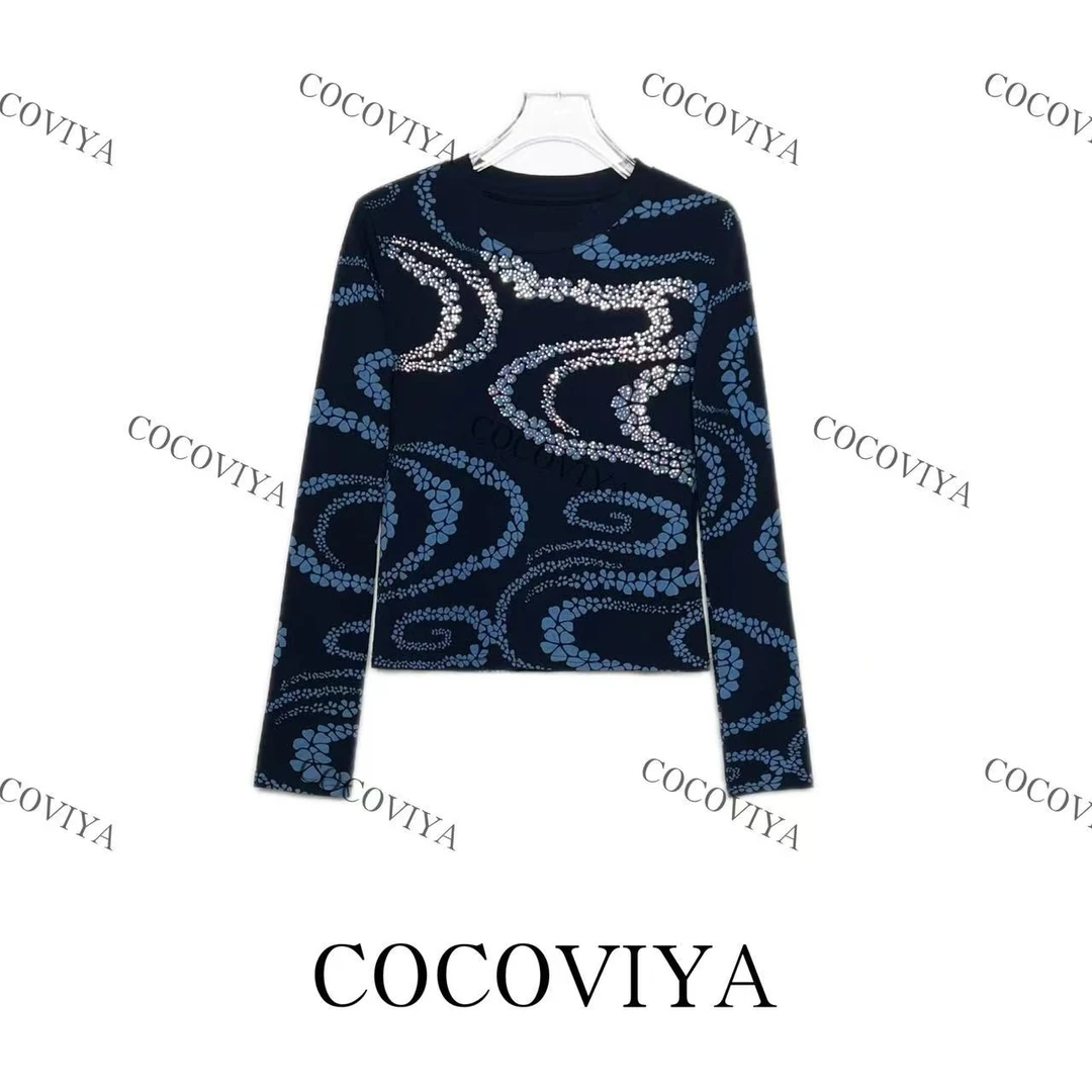 【CC】COCOVIYA水漾花涡深蓝流光长袖T恤遮肉显瘦休闲上衣26C-291