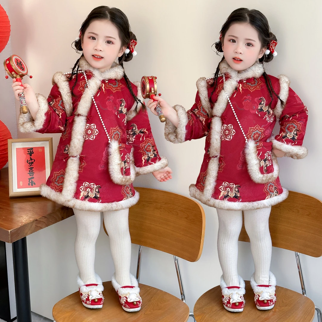 女童喜庆马年拜年服女宝冬季中国风旗袍裙儿童保暖新年唐装表演服