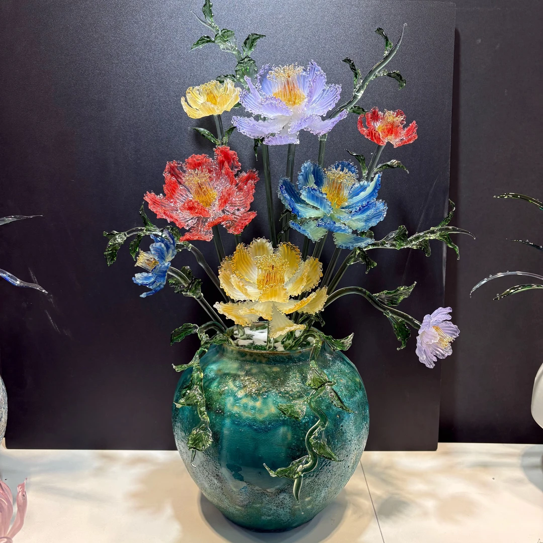 淄博琉璃【牡丹】【花开富贵】中式复古轻奢大气古典书房客厅玄关摆件