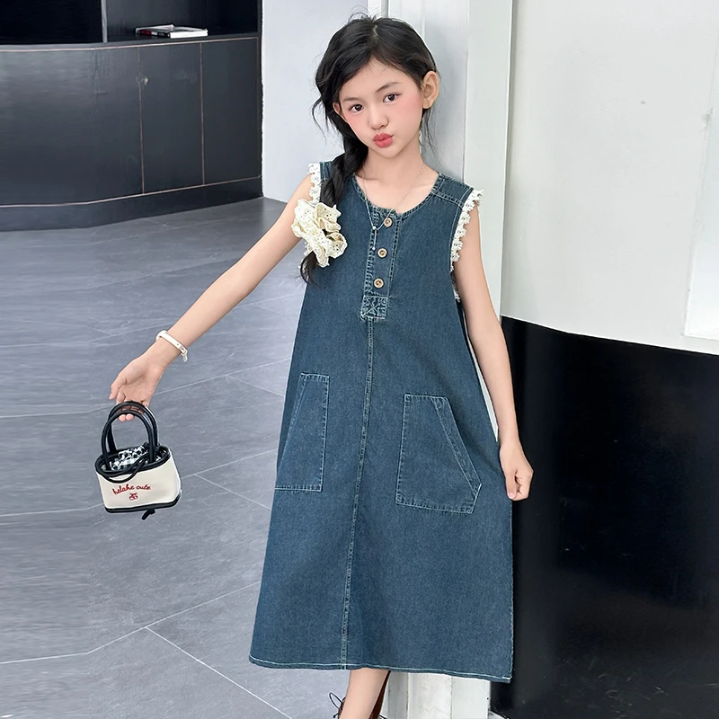 女童夏装无袖韩版洋气宽松腰中大童牛仔连衣裙夏季儿童时尚背心裙