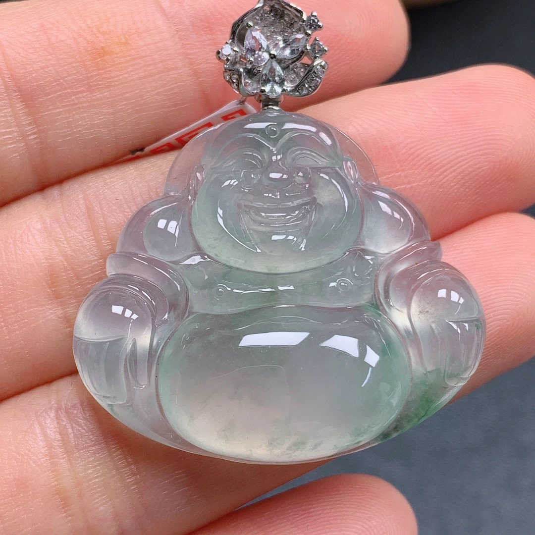 天然缅甸翡翠A货18k高冰飘花佛公气质精美尺寸33+29+7.2 578