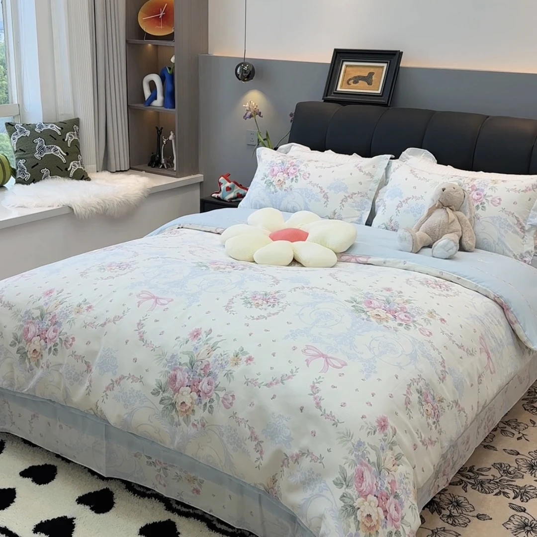 全棉纯棉斜纹棉四件套 小清新印花被套四件套