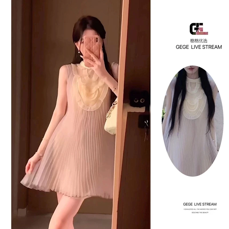 【碎冰蓝玫】 夏季灰蓝色蕾丝风琴褶无袖连衣裙气质显白吊带短裙