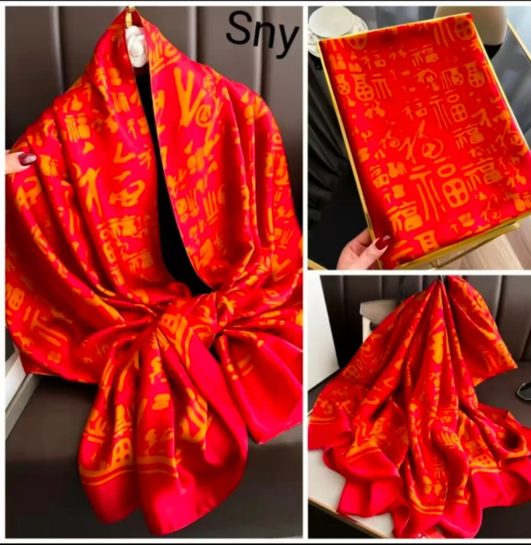 万福图180*80点缀云锦缎围巾长巾韩版丝巾中国红民族风红色