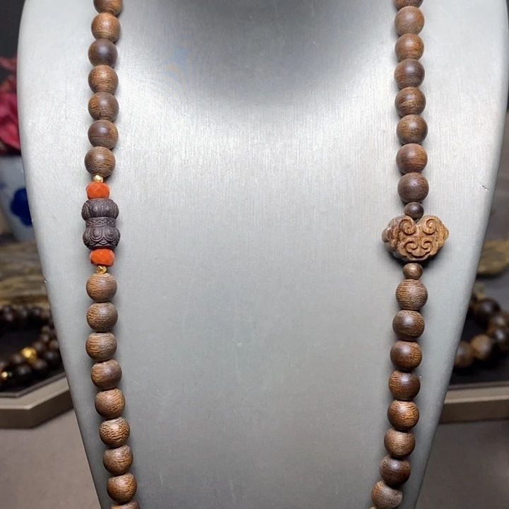 沉香手串越南芽庄白棋楠天花板0.8+莲花沉香木雕配饰