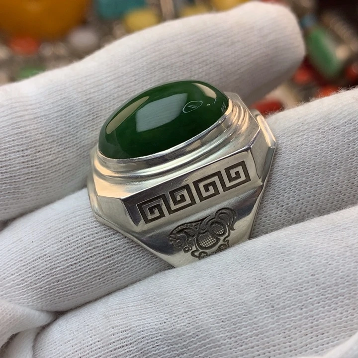 和田玉（碧玉）戒指足银镶嵌