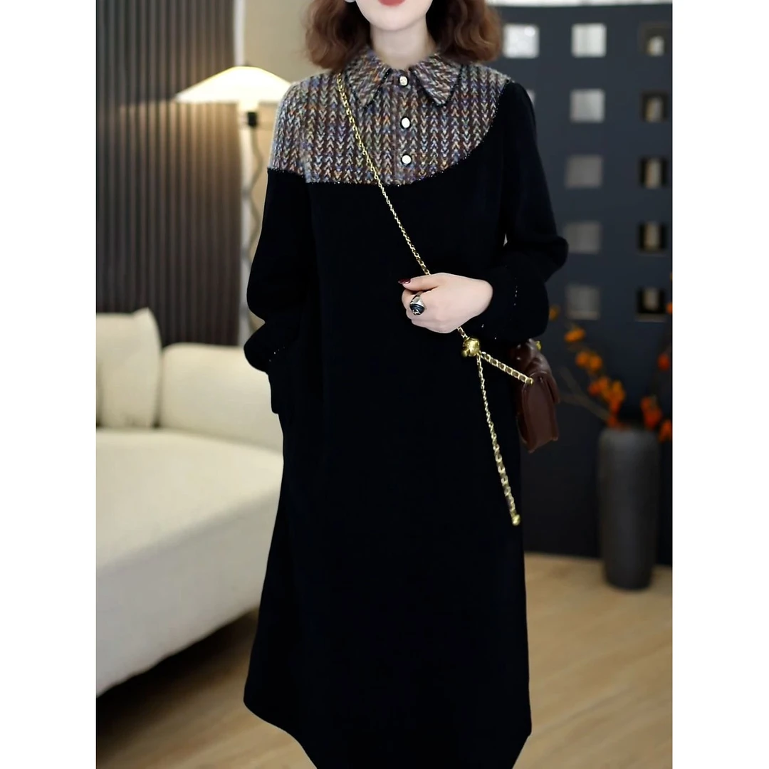 时尚减龄拼接气质连衣裙女2025秋冬新款洋气POLO领长袖