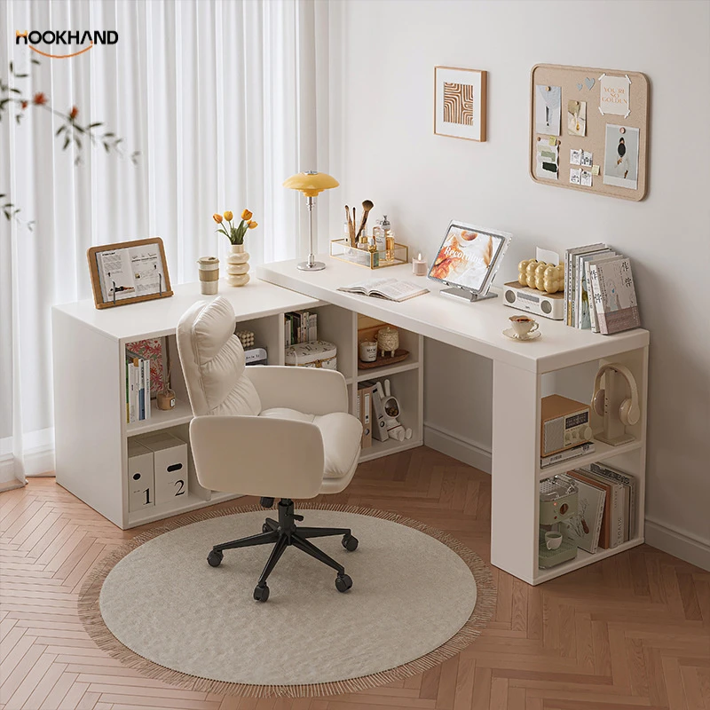 转角书桌家用学习桌子卧室女生梳妆台书柜一体实木L型电脑桌120暖