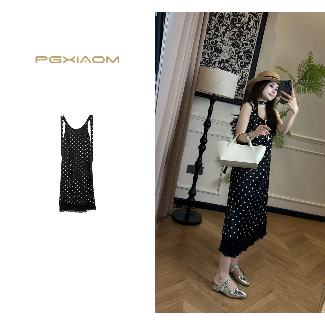 【PGXIAOM】润秀定制飘带拼接波点吊带连衣裙QZ5847