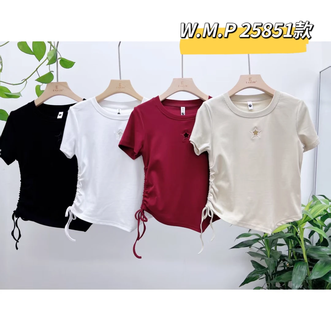 25851【衣长50】时尚镂空短袖T恤女2025夏季新款气质显瘦百搭上衣