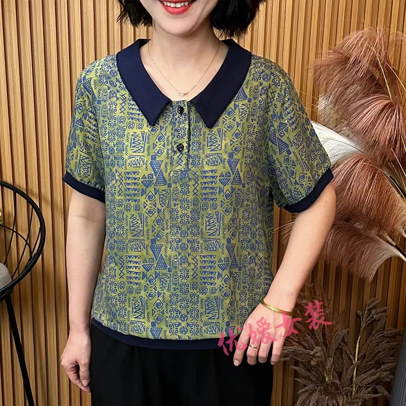 妈妈装夏季新款减龄符号翻领轻薄透气宽松显瘦中老年女装短袖上衣